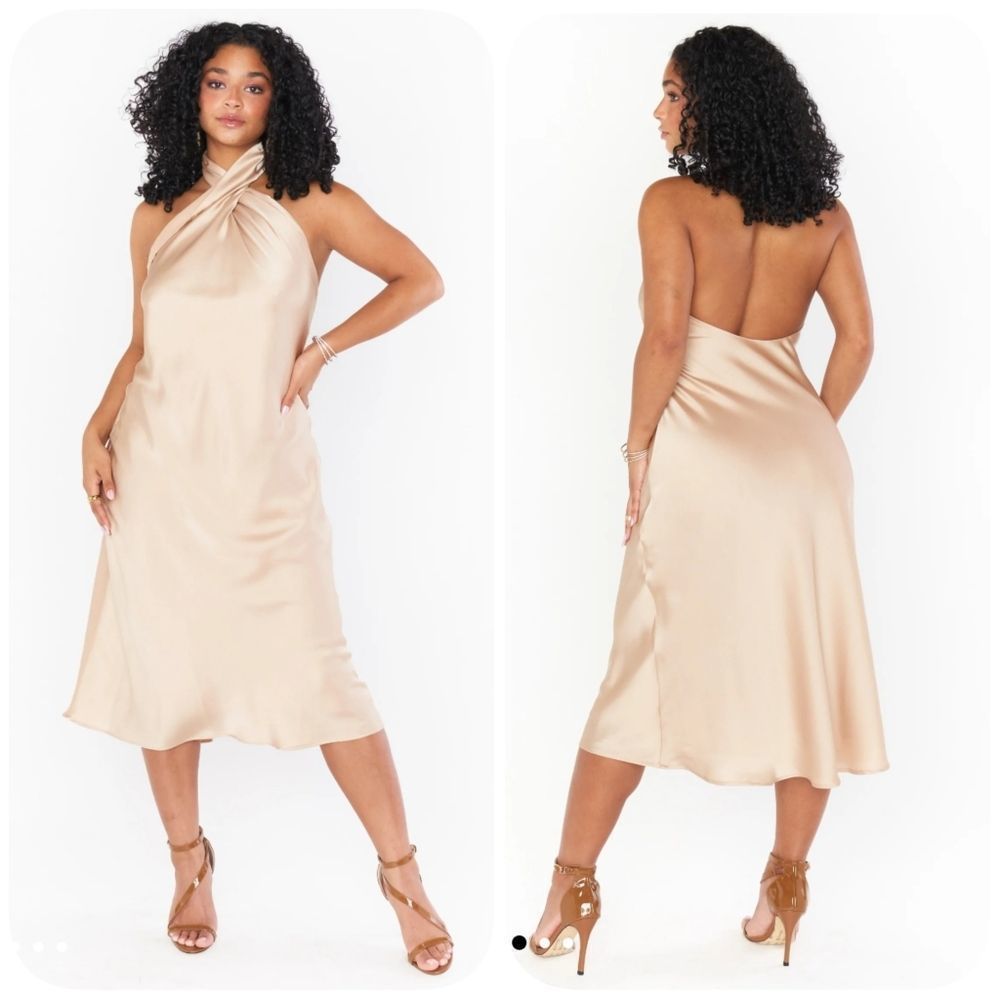 NWOT Show Me Your MuMu Jasmine Halter Midi Dress in Champagne Luxe Satin